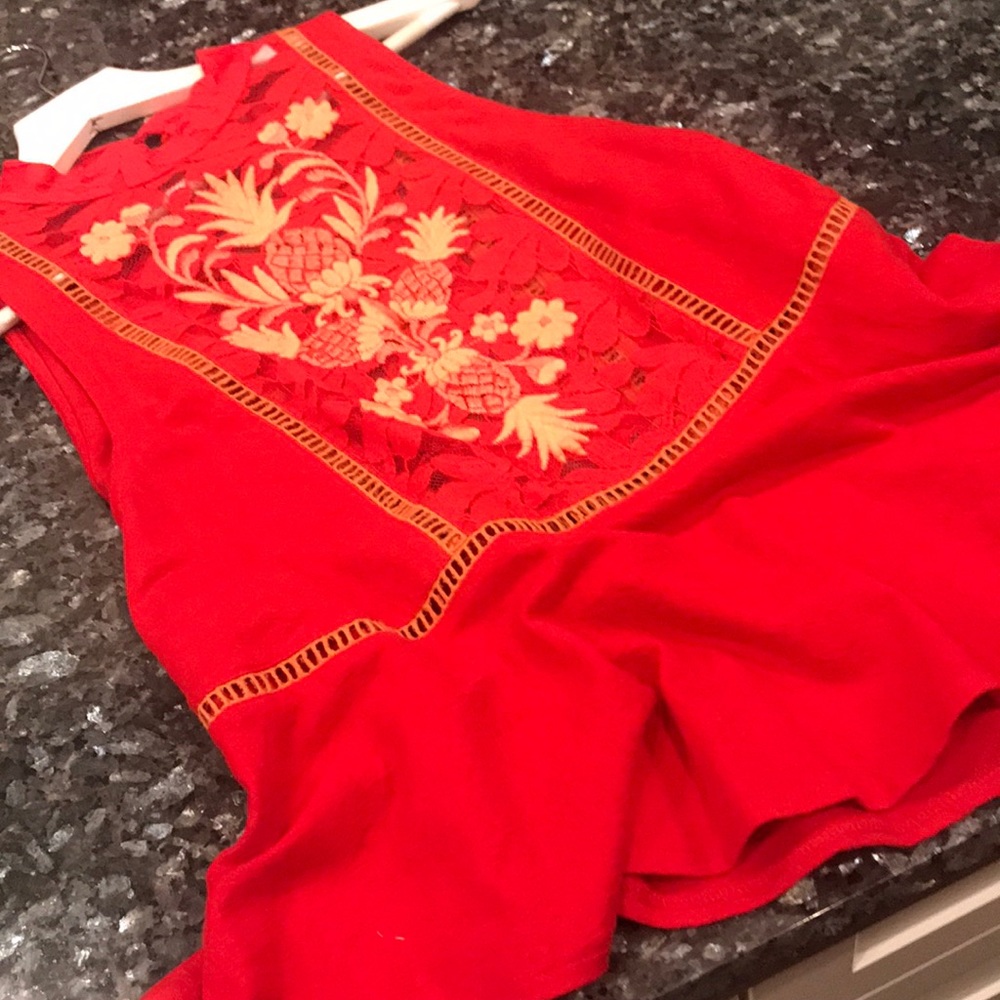 Free people light red lace embroidered top.